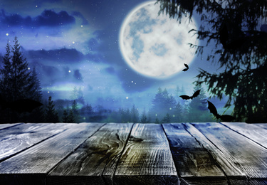 Image of Wooden surface and bats flying in night sky with full moon. Halloween illustration