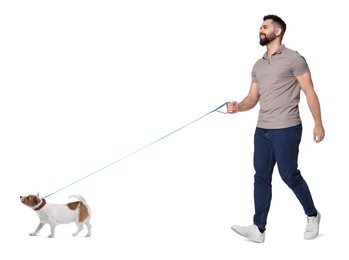 Image of Smiling man walking with dog on white background