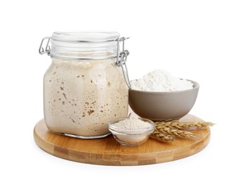 Photo of Fresh leaven, ears of wheat and flour isolated on white