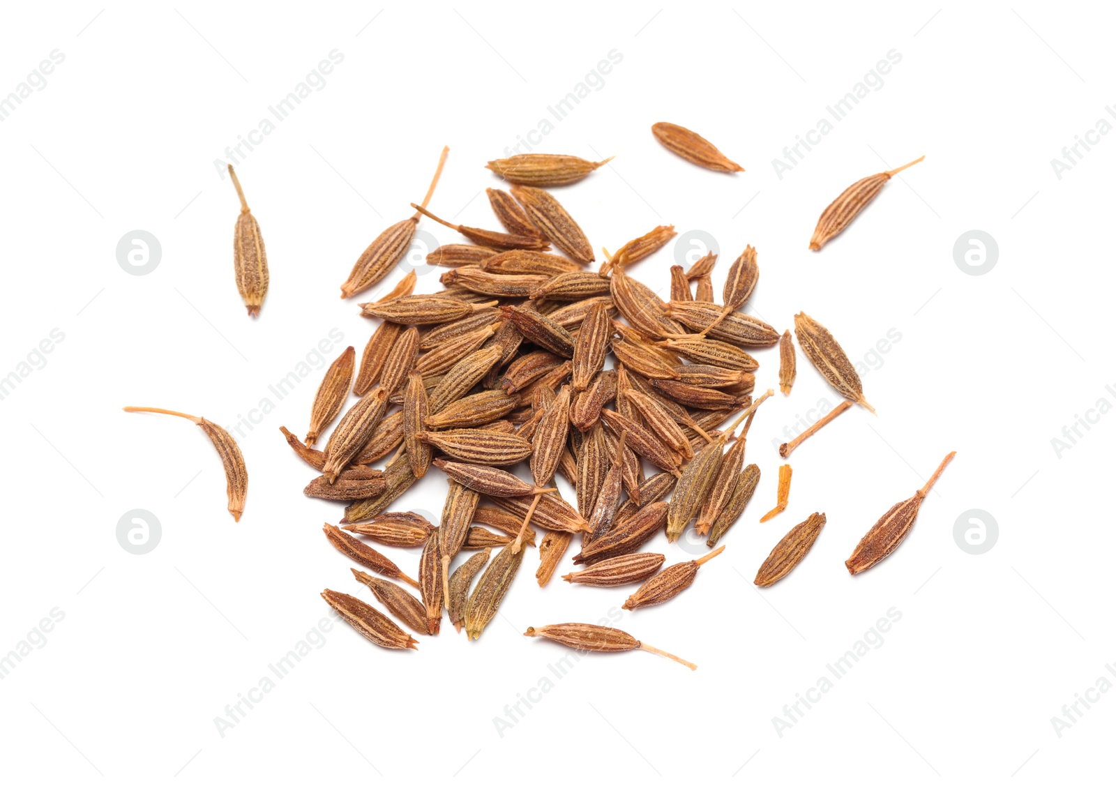 Photo of Heap of aromatic caraway (Persian cumin) seeds isolated on white, top view