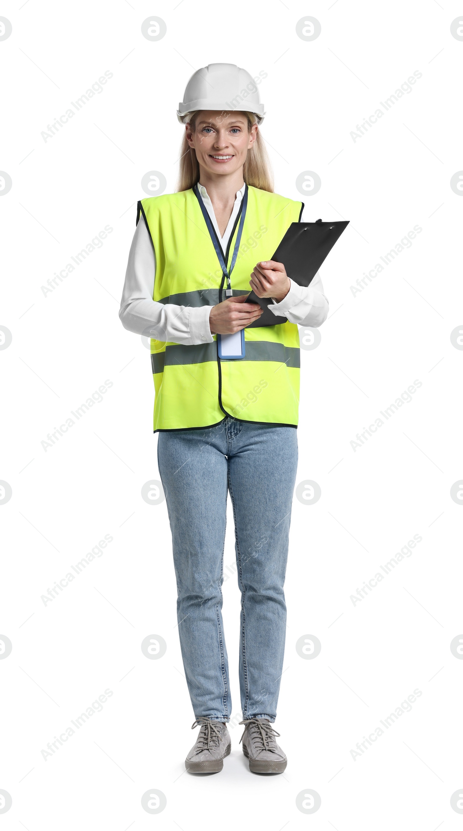 Photo of Engineer in hard hat holding clipboard on white background