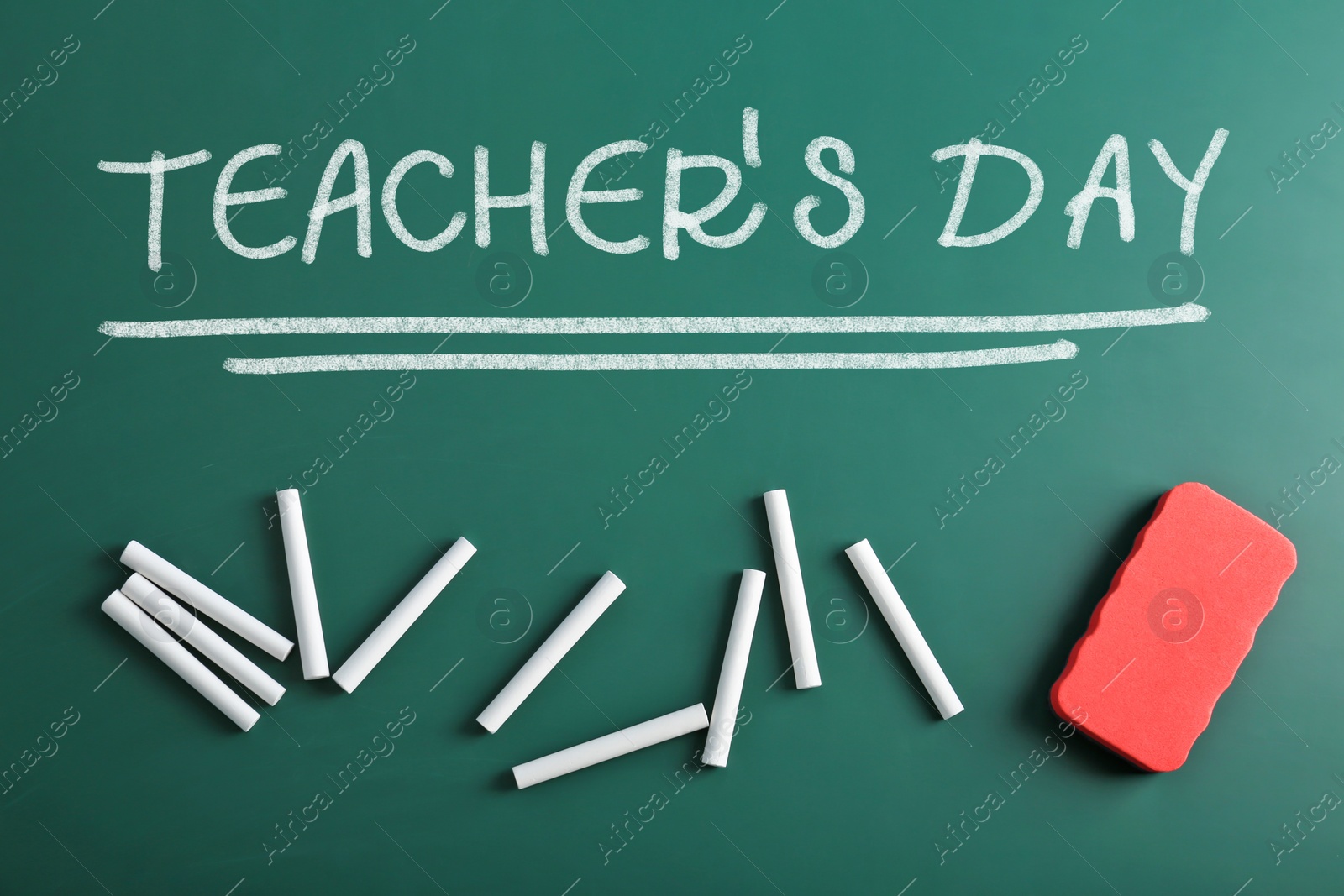 Image of Text Teacher's Day and chalk with duster on greenboard, flat lay. Greeting card design