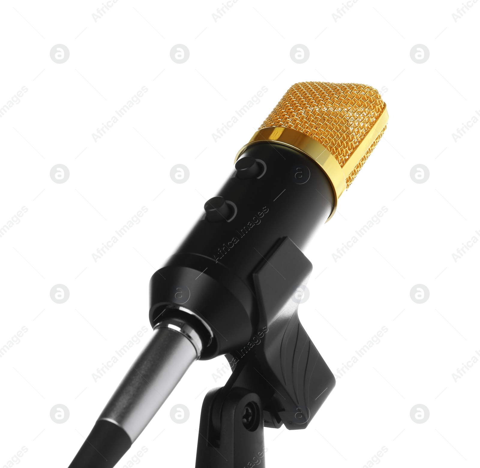 Photo of Condenser microphone with holder on white background