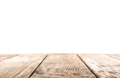 Empty wooden table surface on white background