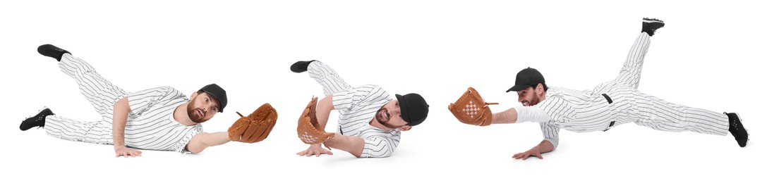 Baseball player catching ball on white background, set of photos