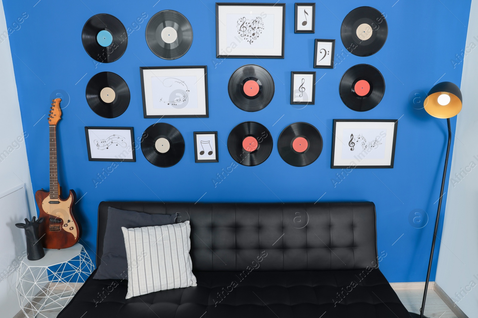 Photo of Living room decorated with vinyl records. Interior design