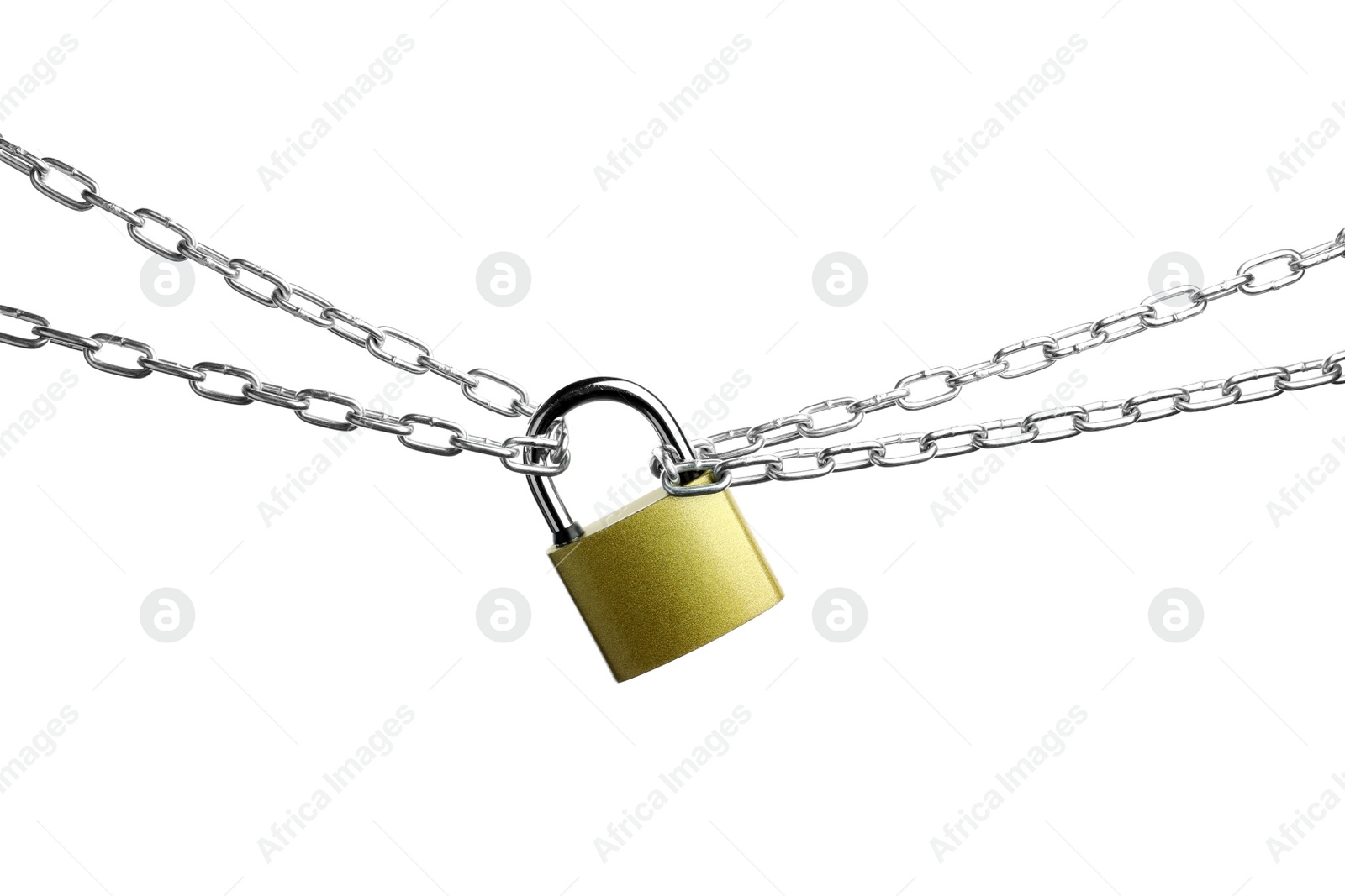 Photo of Steel padlock and chains isolated on white, top view. Safety concept