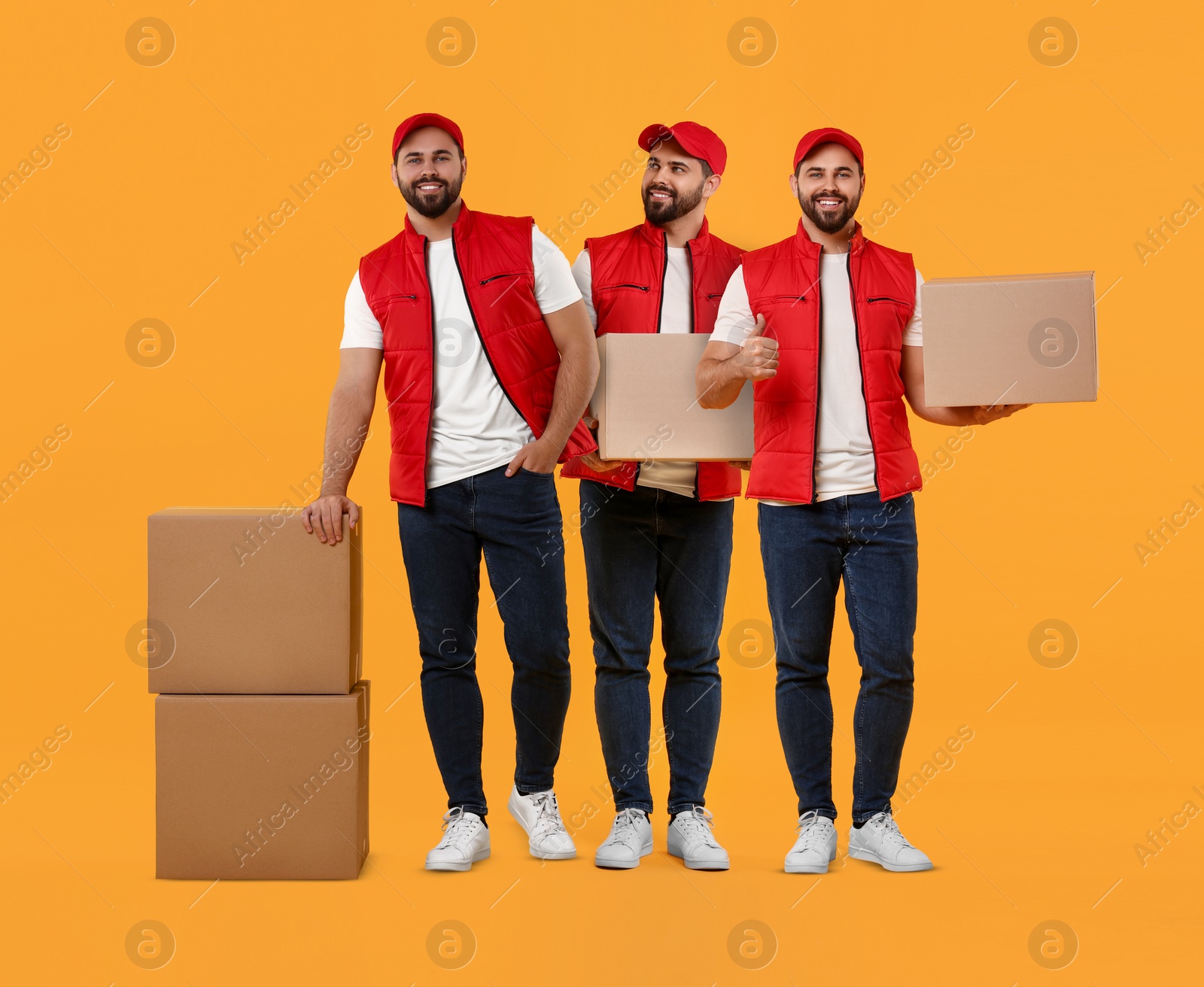 Image of Delivery service. Happy courier with cardboard boxes on orange background, collage of photos
