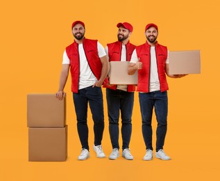 Delivery service. Happy courier with cardboard boxes on orange background, collage of photos