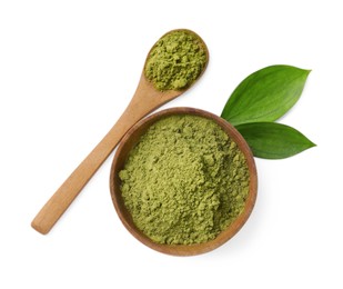 Photo of Henna powder in bowl, spoon and green leaves isolated on white, top view