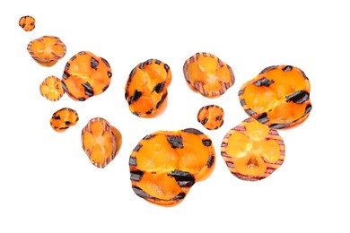 Image of Slices of grilled bell peppers in air on white background