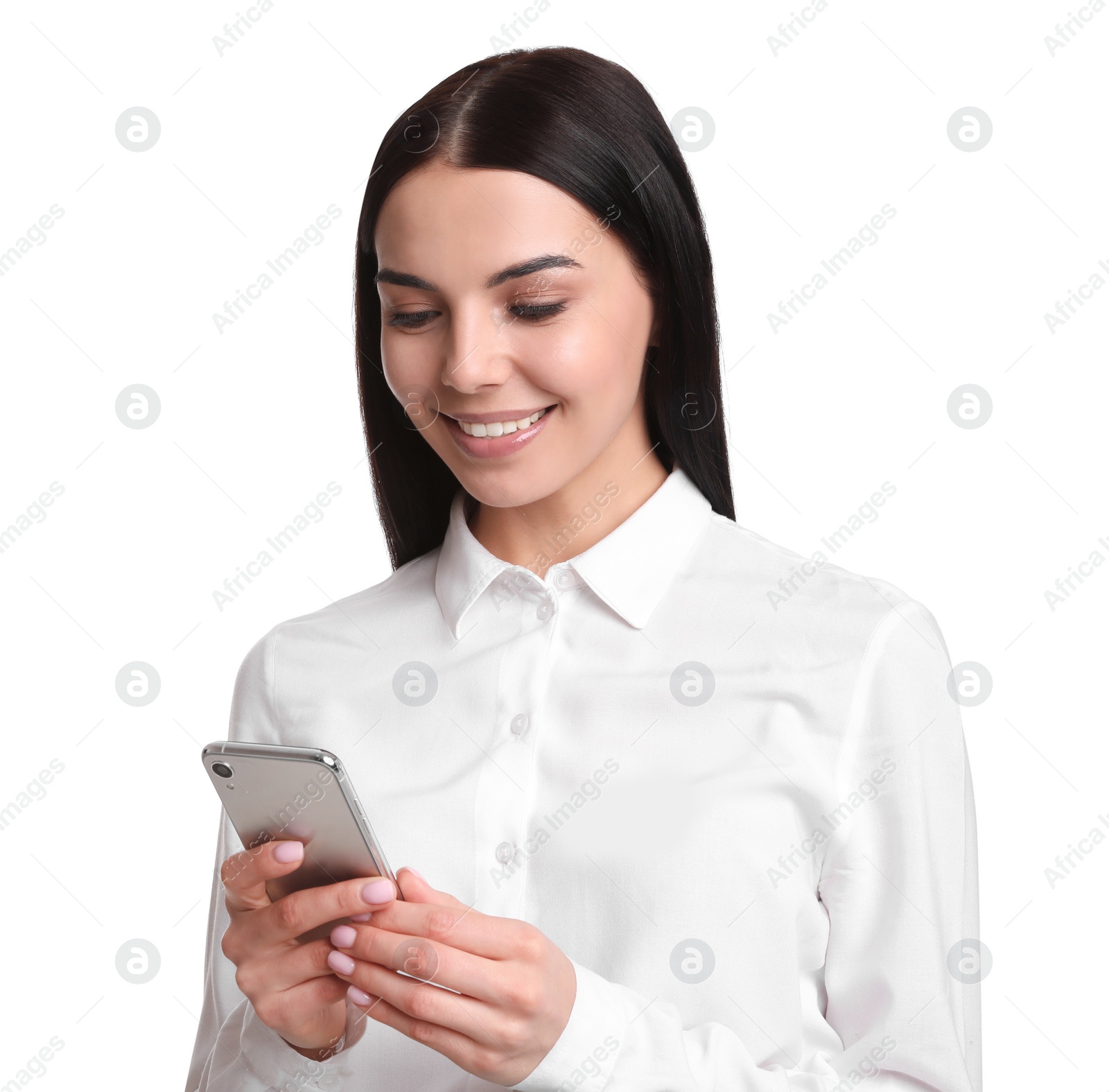 Photo of Young businesswoman with mobile phone on white background