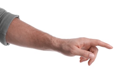 Man pointing with index finger on white background, closeup