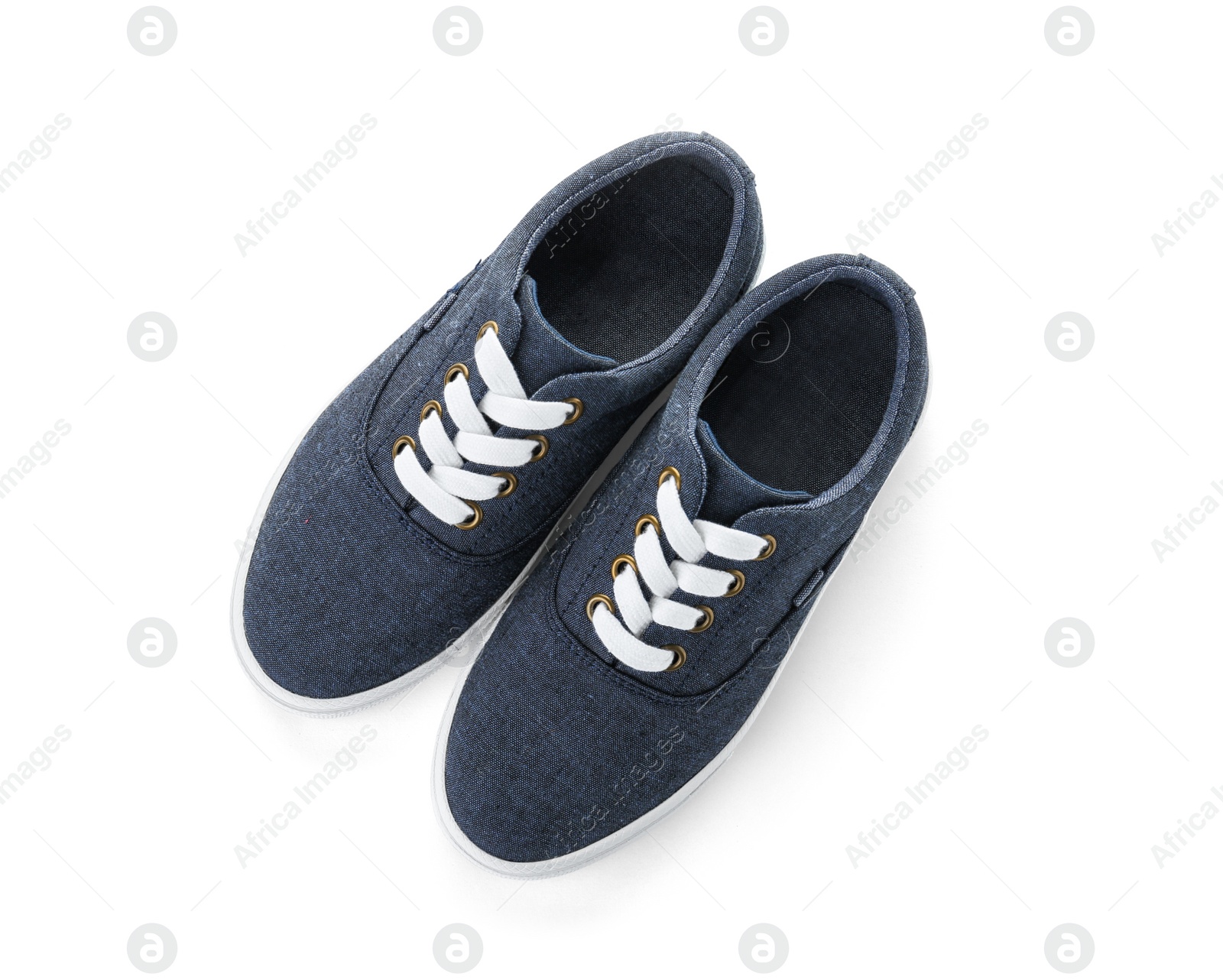 Photo of Pair of stylish new shoes on white background, top view