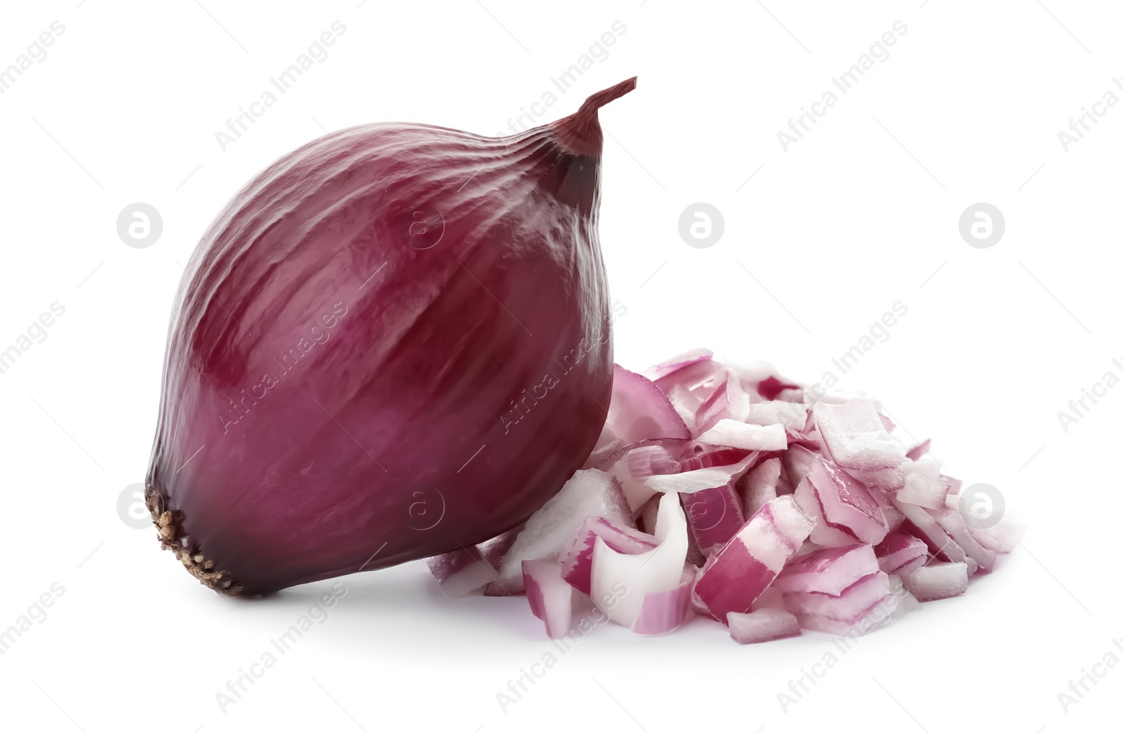 Photo of Chopped red onion and whole bulb isolated on white