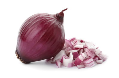Photo of Chopped red onion and whole bulb isolated on white