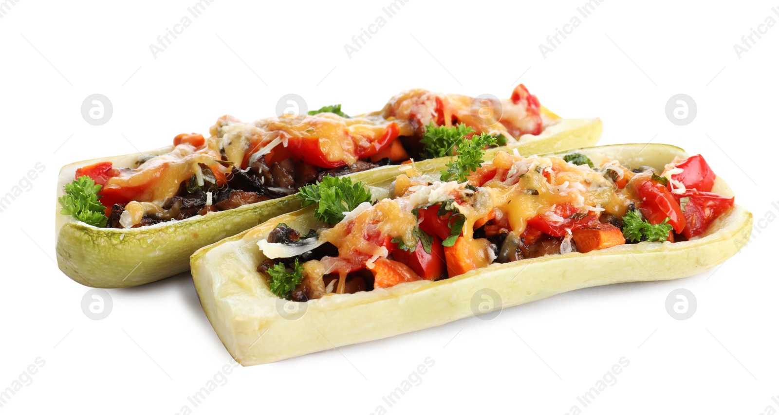 Photo of Delicious baked stuffed zucchini on white background