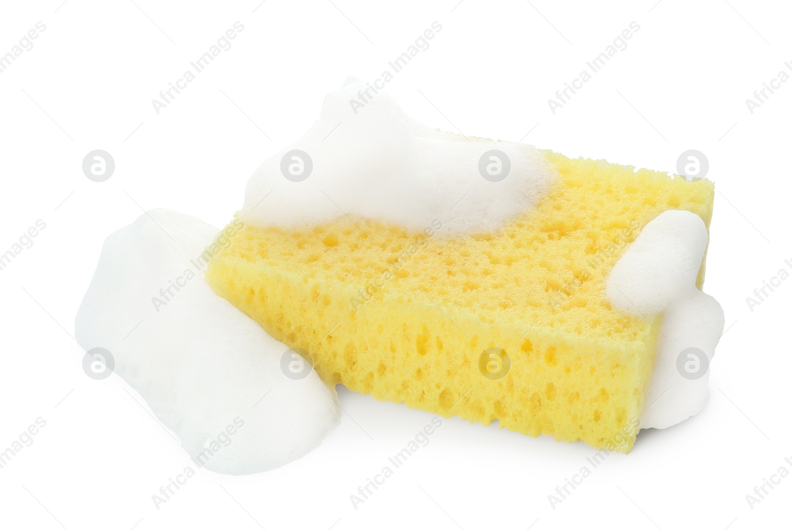 Photo of Yellow sponge with foam isolated on white