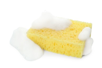 Photo of Yellow sponge with foam isolated on white