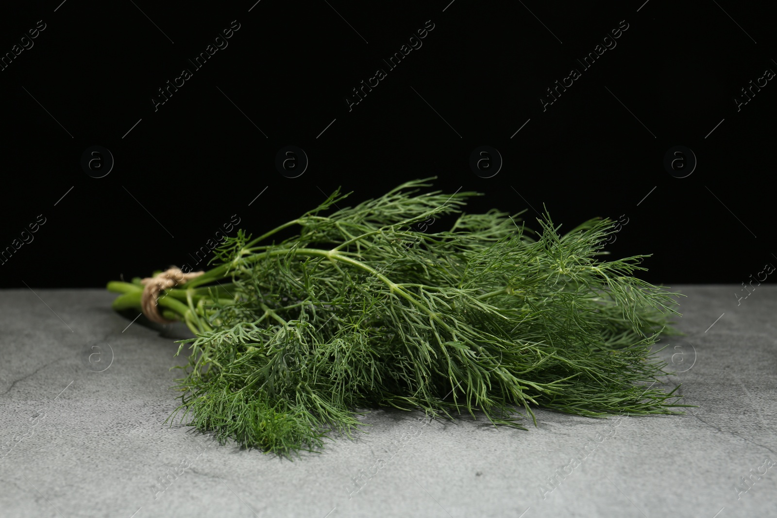 Photo of Bunch of fresh dill on light grey table against black background