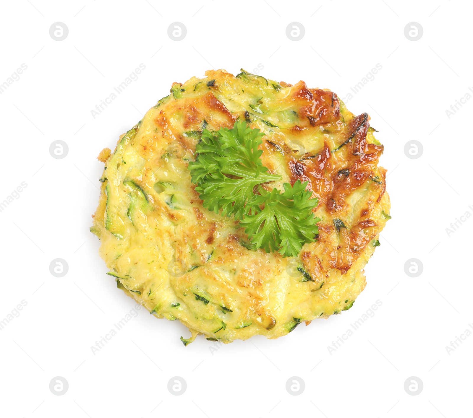 Photo of Delicious zucchini fritter with curly parsley isolated on white, top view