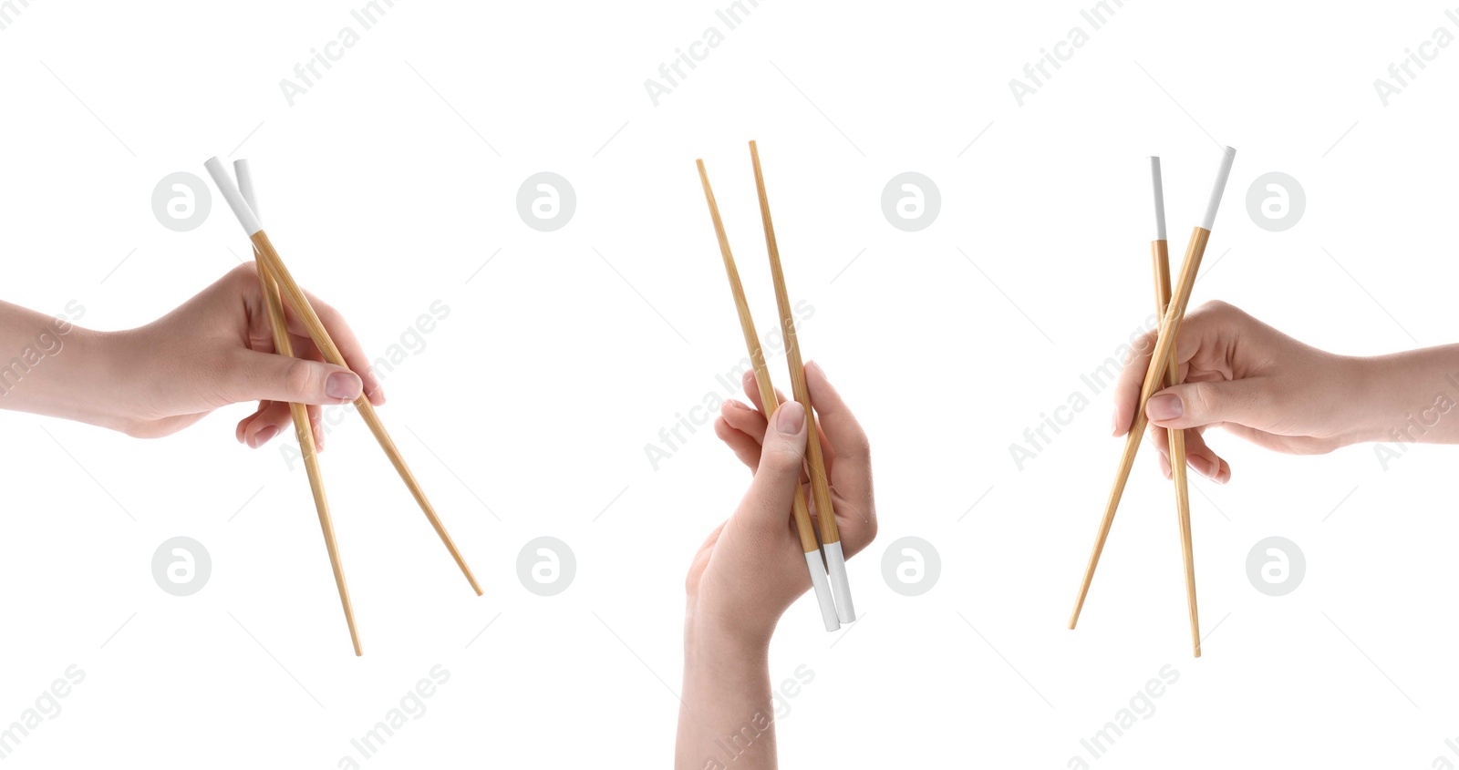 Image of Woman holding chopsticks isolated on white, closeup. Collage with photos