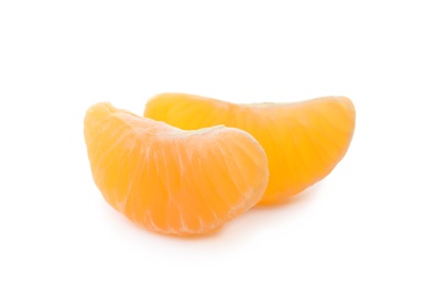 Photo of Pieces of fresh ripe tangerine on white background