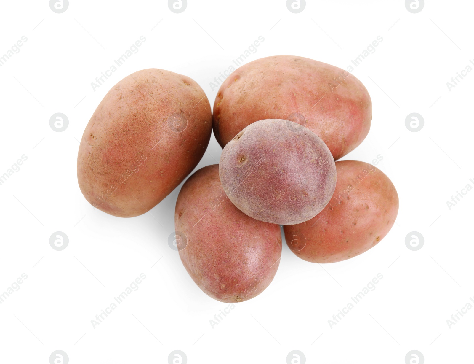 Photo of Tasty fresh potatoes on white background, top view