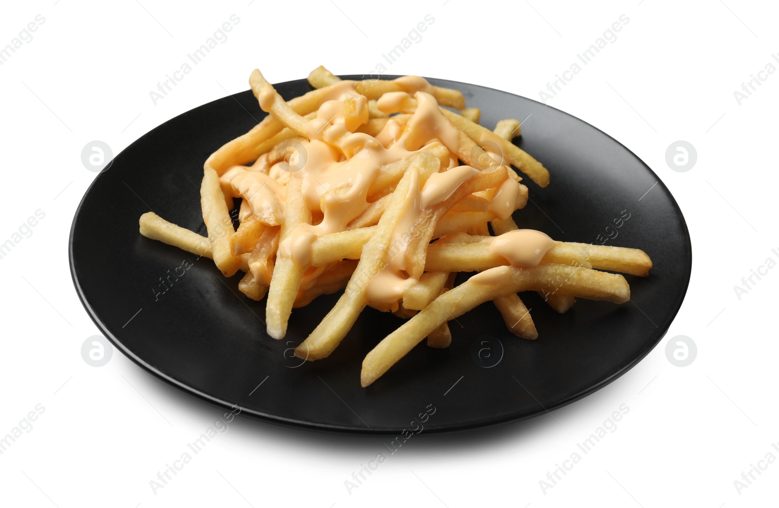 Photo of Delicious French fries with cheese sauce isolated on white