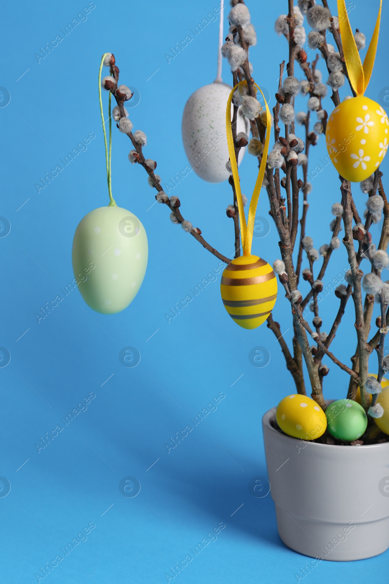 Photo of Beautiful willow branches with painted eggs in pot on light blue background, space for text. Easter decor