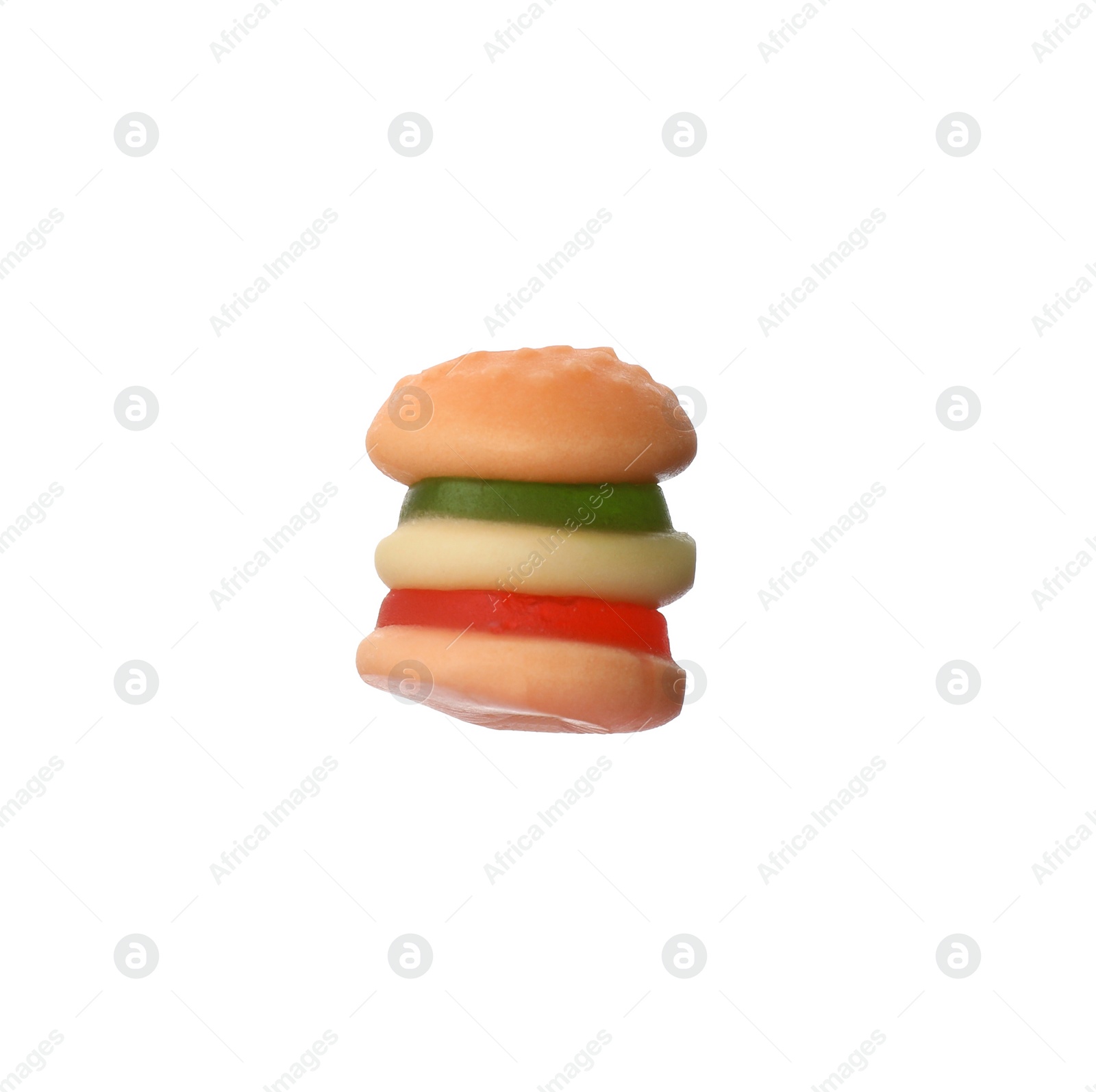 Photo of Tasty jelly candy in shape of burger isolated on white