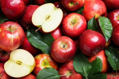 Photo of Pile of tasty red apples with leaves as background, closeup