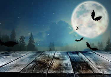 Image of Wooden surface and bats flying in night sky with full moon. Halloween illustration