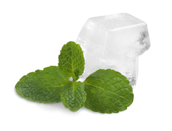 Photo of Crystal clear ice cubes and mint on white background