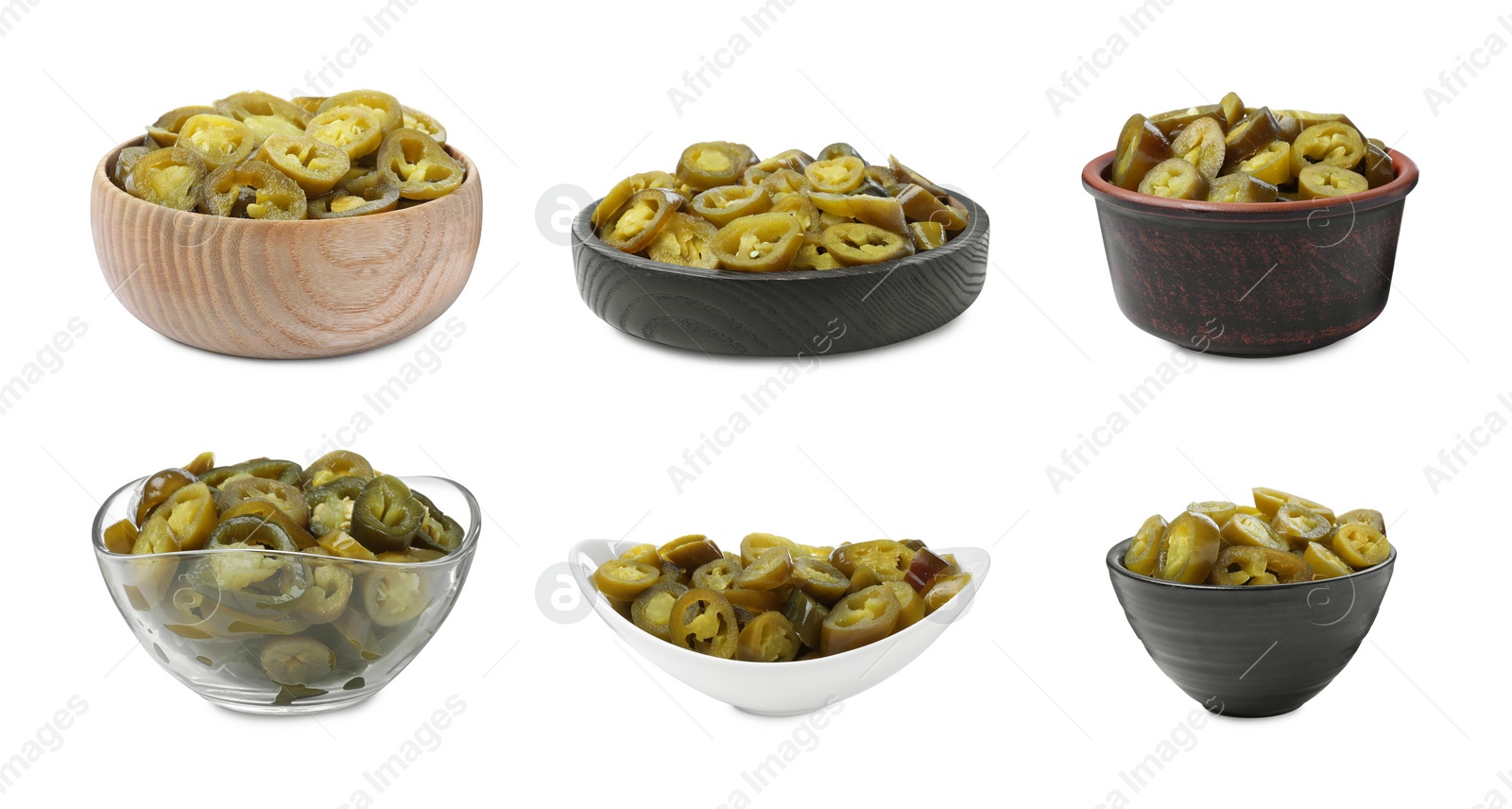 Image of Set with pickled green jalapeno peppers on white background