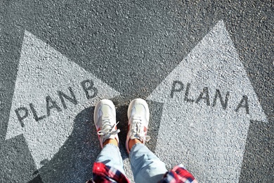 Image of Choosing between Plan A and Plan B. Woman near arrows on road, above view