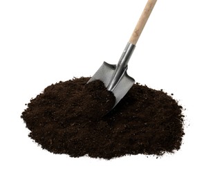 Photo of Shovel and pile of soil isolated on white