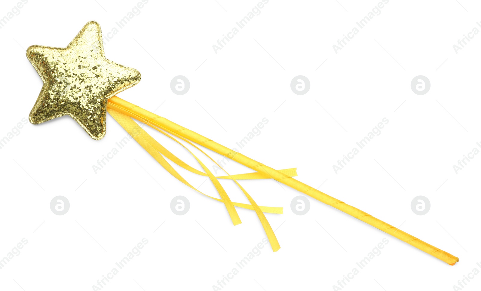 Photo of Beautiful golden magic wand isolated on white, top view