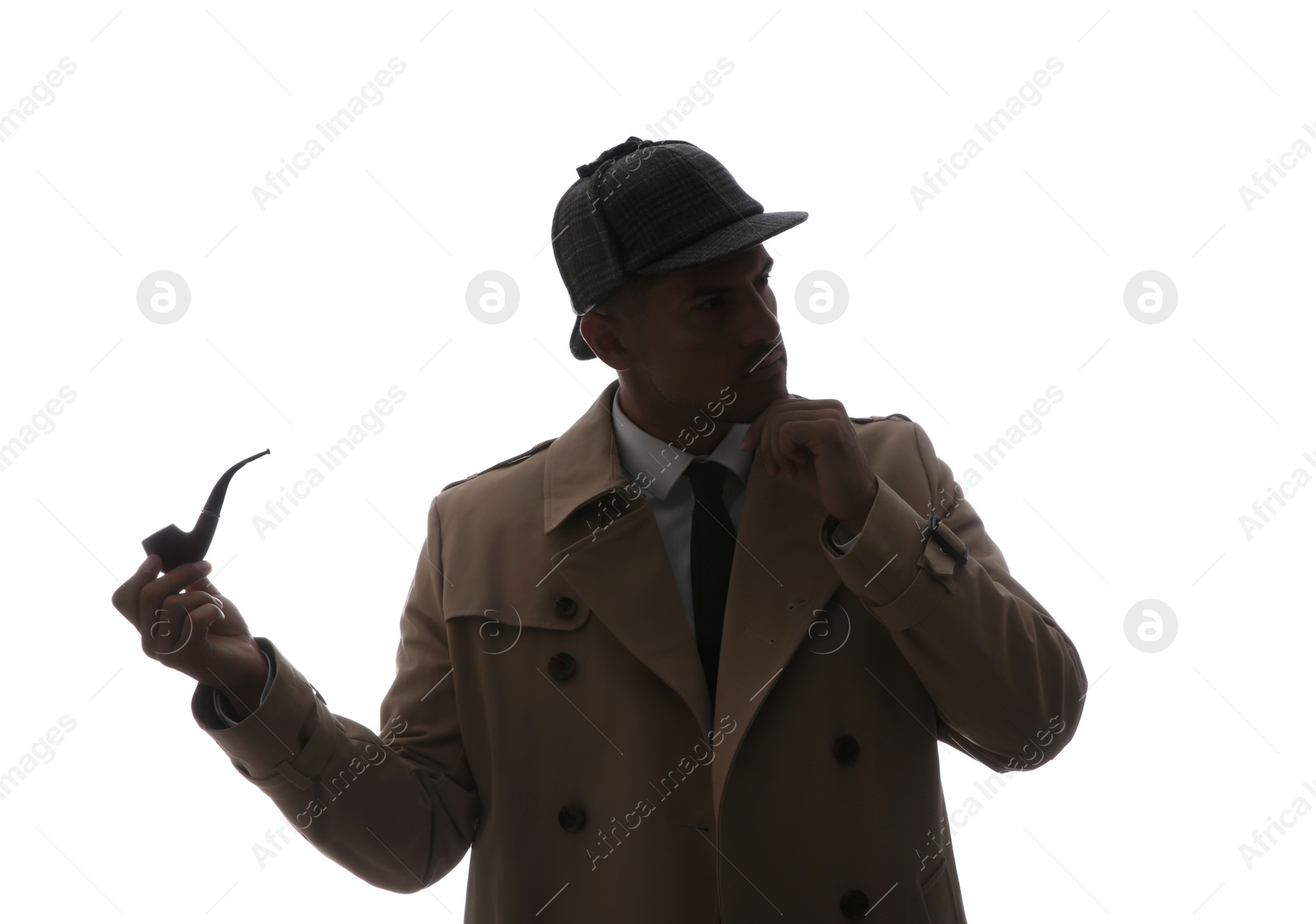 Photo of Old fashioned detective with smoking pipe on white background