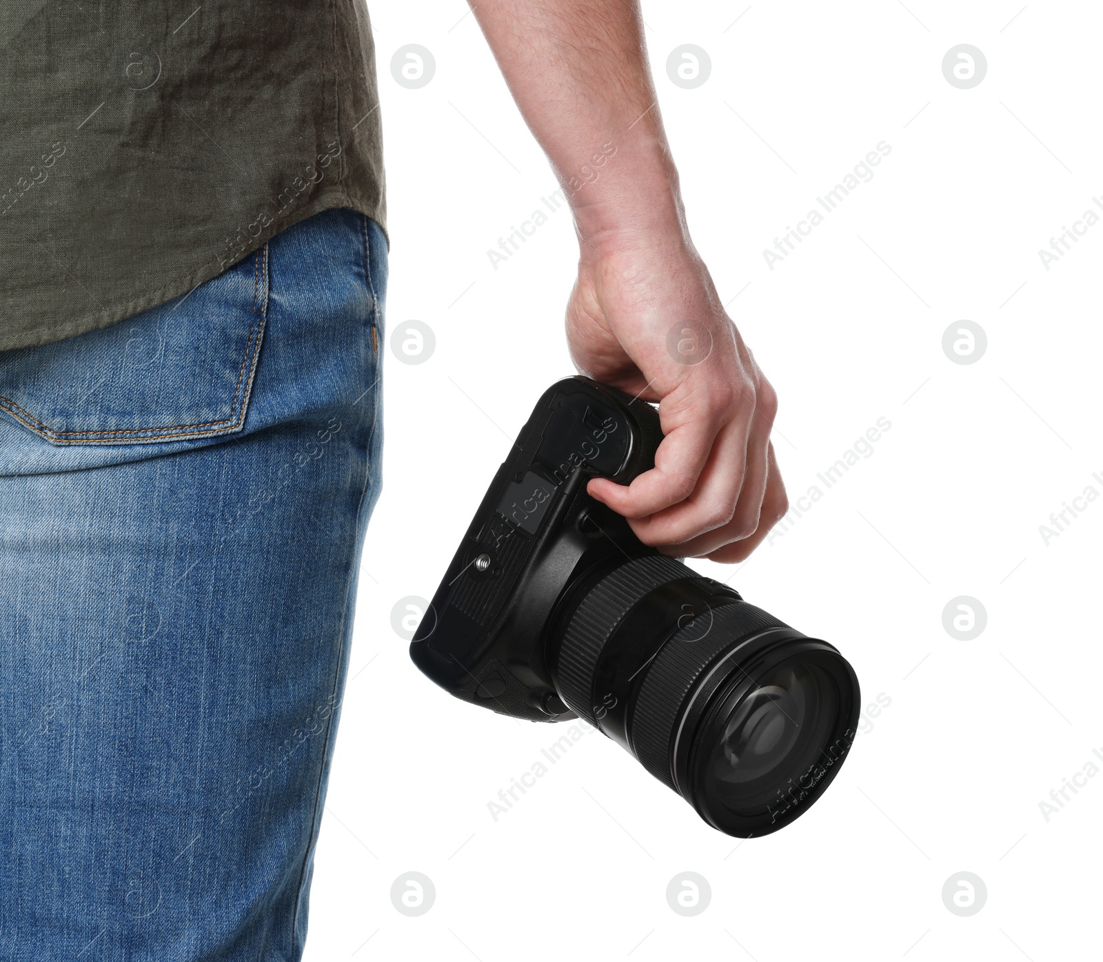 Photo of Photographer holding modern camera on white background, closeup