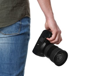 Photographer holding modern camera on white background, closeup