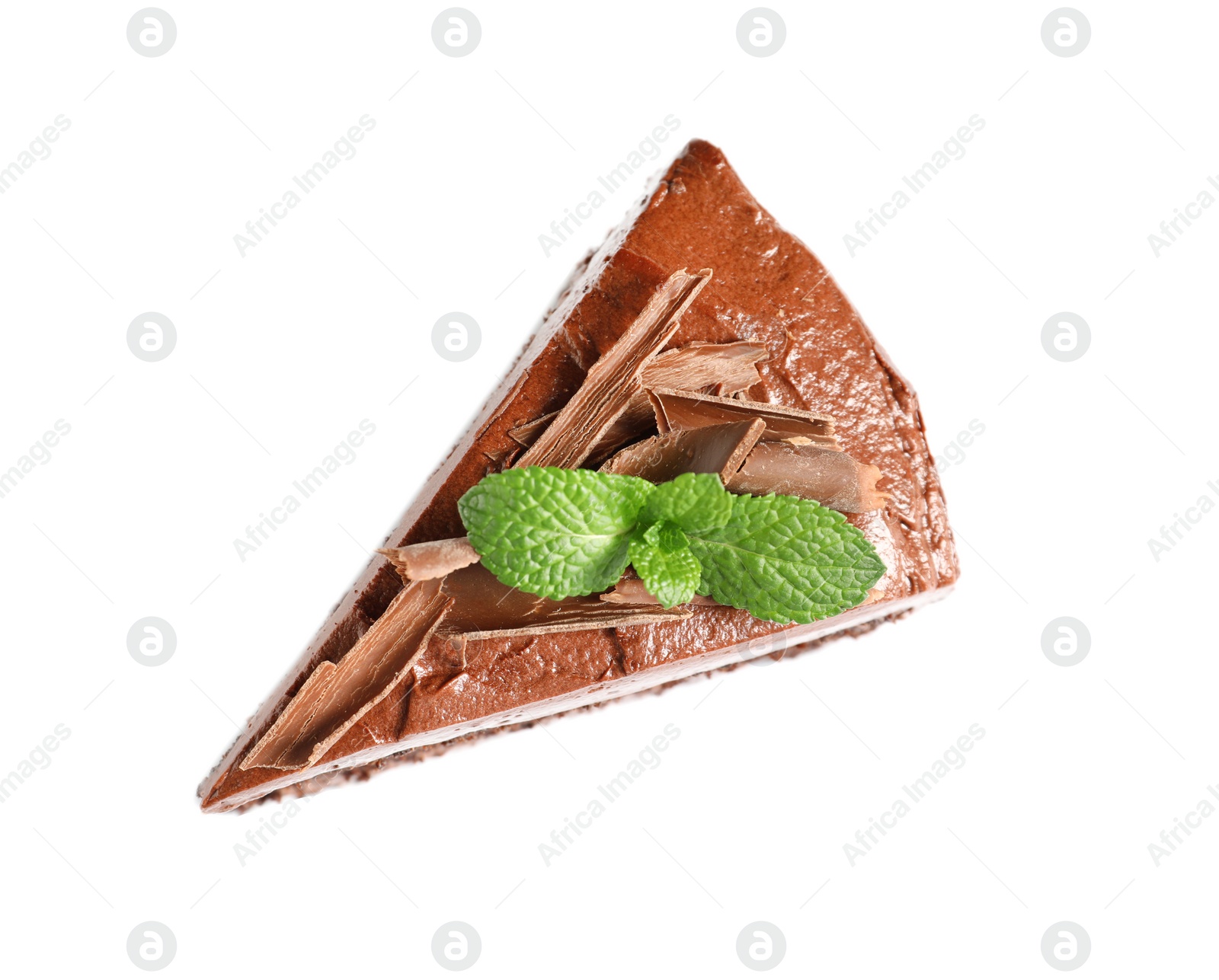 Photo of Piece of tasty homemade chocolate cake with mint on white background, top view