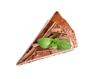 Photo of Piece of tasty homemade chocolate cake with mint on white background, top view