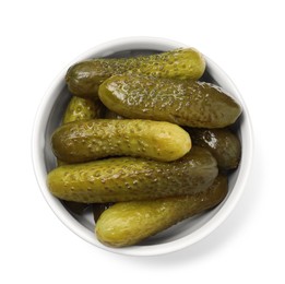 Tasty pickled cucumbers in bowl isolated on white, top view