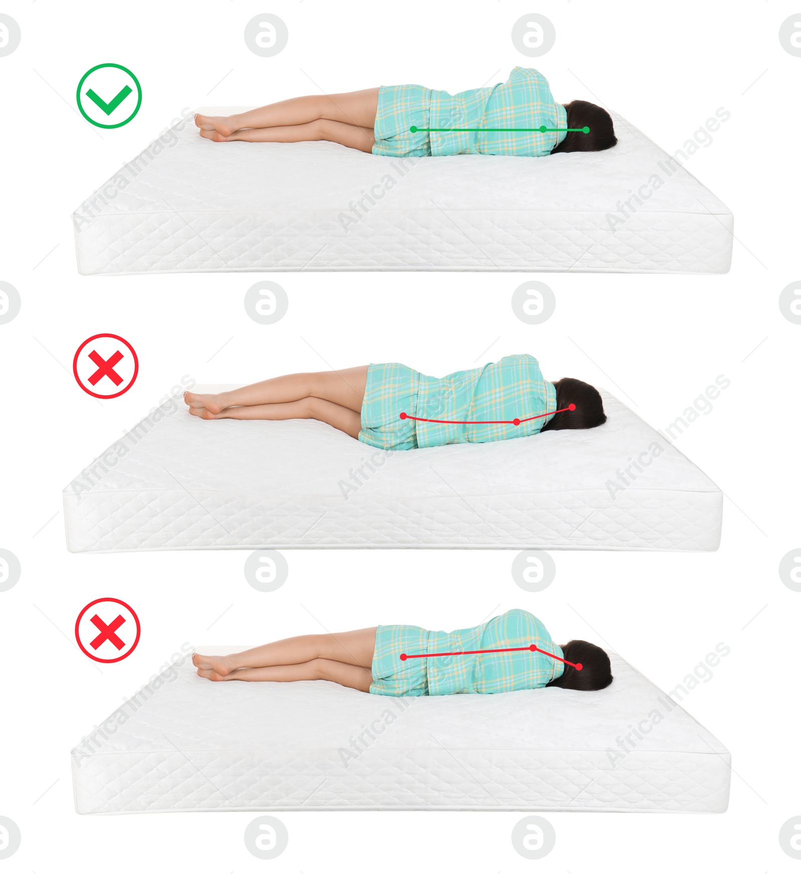Image of Wrong and correct sleeping posture. Choose right mattress 