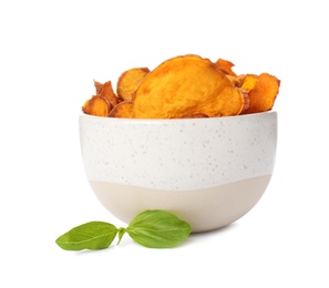 Photo of Bowl of sweet potato chips with basil isolated on white