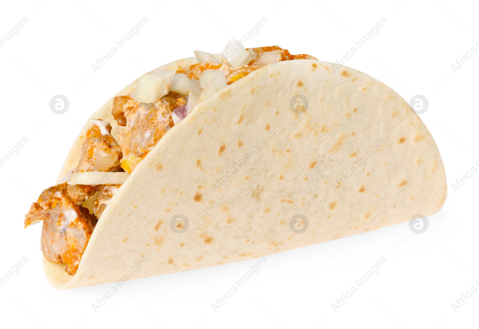 Photo of Delicious taco with meat and onion isolated on white