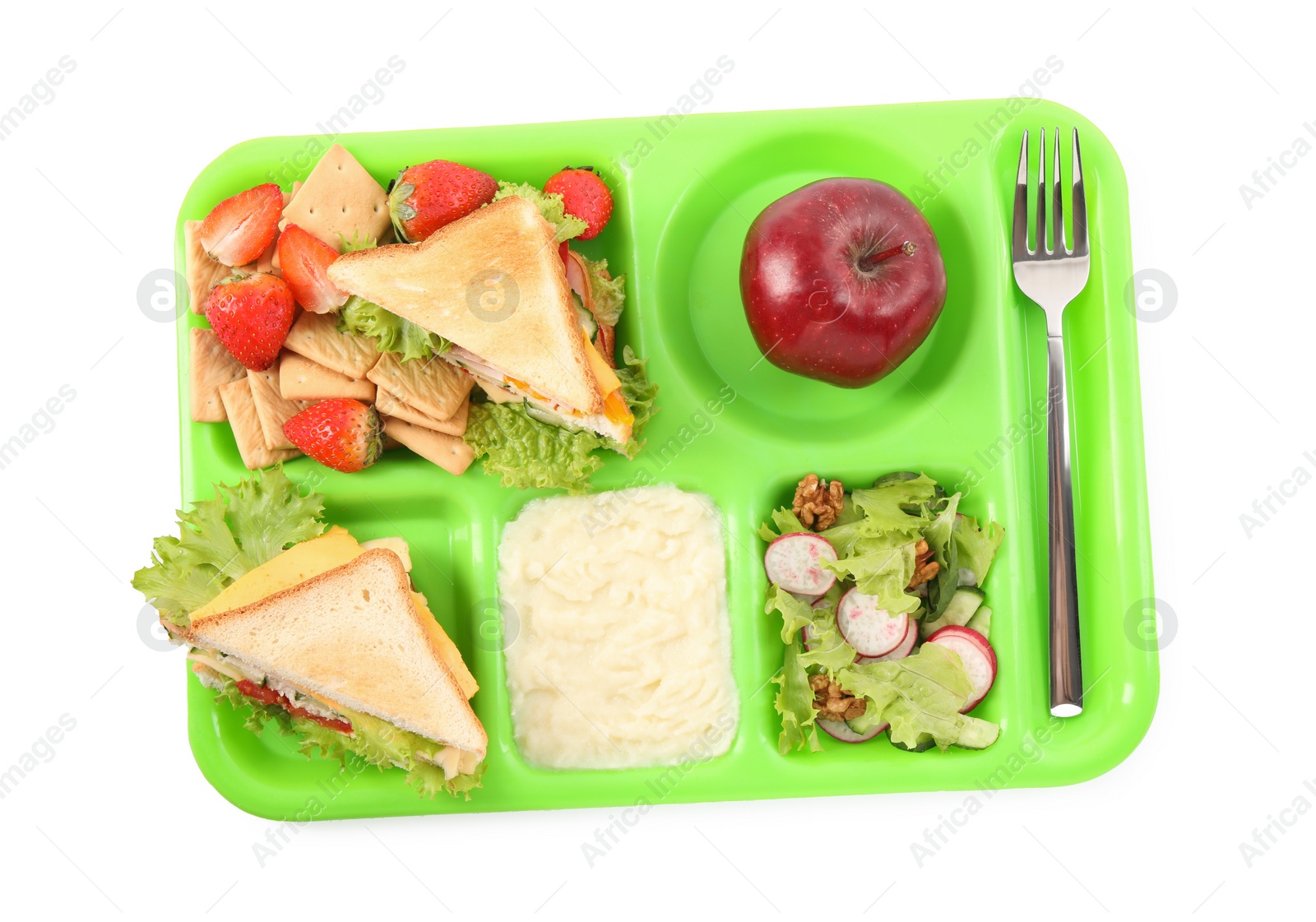 Photo of Serving tray of healthy food isolated on white, top view. School lunch