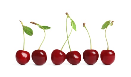 Photo of Row of delicious ripe sweet cherries on white background