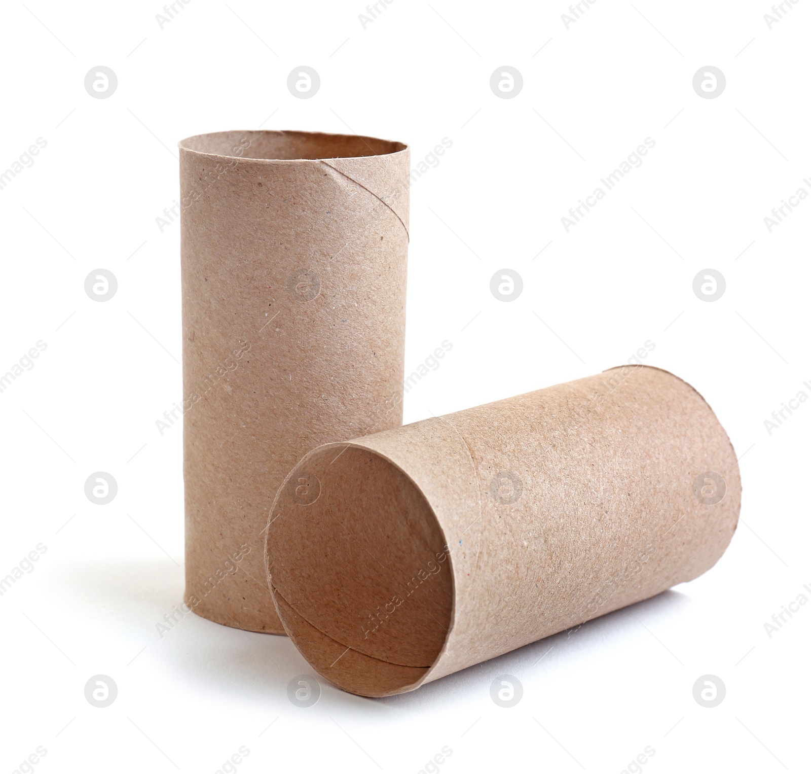 Photo of Empty paper toilet rolls on white background